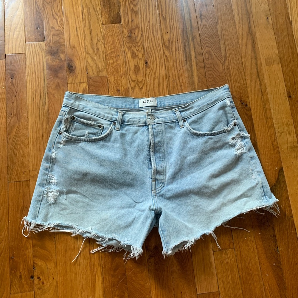 Agolde Light Wash Distressed Denim Cutoff Shorts